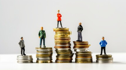 Miniature figures on stacks of coins symbolizing financial success, investment growth, and economic hierarchy concepts.