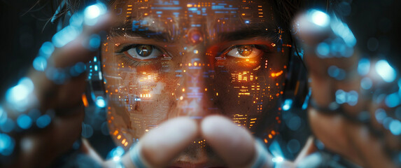 Obraz premium This striking image captures the close-up of a human face interlaced with a digital interface, symbolizing the symbiosis between humans and AI technology.