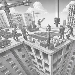 Vibrant Ground-Up View of a Busy Construction Site with Workers