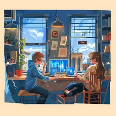 Illustration of Boy Connected in Computer Network within Office Environment