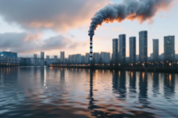 Obraz premium Smoke Stack Pollution Over City Skyline at Sunset, Environmental Impact of Industrial Emissions, Air Pollution, Water Pollution, Climate Change, Industrial, Urban, Cityscape, Environment, Nature