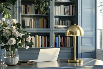 The interior of the home office with a laptop on a desk and a bookcase full of books in the background