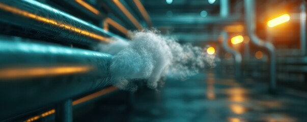 Fototapeta premium Industrial Pipe Leak, Smoke Steam Emitting From Pipe, Industrial Plant, Steam, Pipes, Leak, Industrial, Factory, Metal, Heavy Industry, Energy, Power Plant, Industrial Background, Manufacturing
