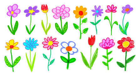 Felt pen hand drawn vector illustrations collection of child drawings of flowers