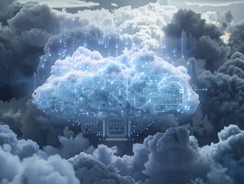 a cloud with circuit board and many clouds