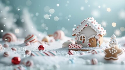 A whimsical gingerbread cookie house decorated with colorful icing and candy.