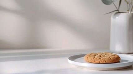 A minimalist still life of a single cookie on a white plate.
