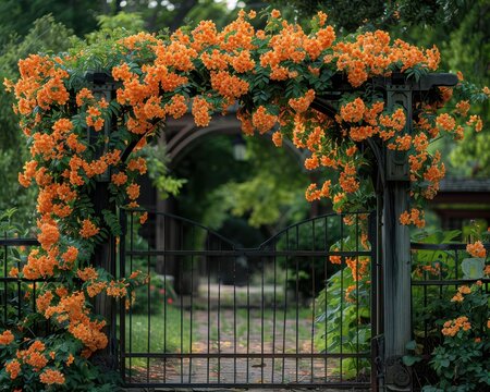 Vibrant Pyrostegia Venusta Vine Flowers Cascading Over Garden Gate in Stunning Still Life Composition