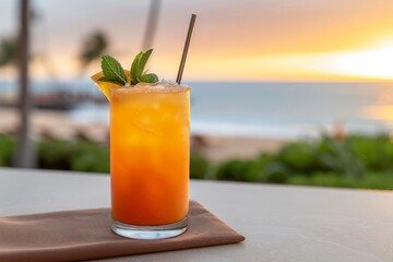 Refreshing Tropical Cocktail at Beachside Sunset