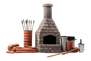 A Miniature Brick Oven and Tools for a Tiny Baker on a White or Clear Surface PNG Transparent Background