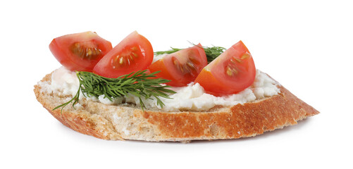 Delicious bruschetta with fresh ricotta (cream cheese), tomato and dill isolated on white