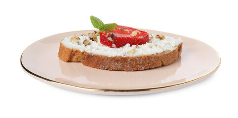 Delicious bruschetta with fresh ricotta (cream cheese), walnuts, strawberry and mint isolated on white