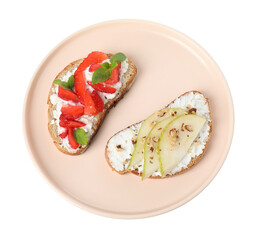 Delicious bruschettas with fresh ricotta (cream cheese), strawberry, mint and pear isolated on white, top view
