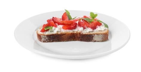Delicious bruschetta with fresh ricotta (cream cheese), strawberry and mint isolated on white