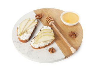 Delicious ricotta bruschettas with pear, honey and walnut isolated on white