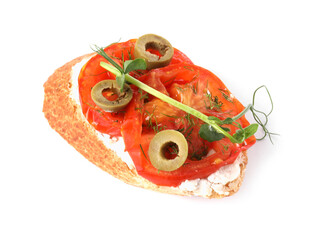 Delicious ricotta bruschetta with sliced tomatoes, olives and greens isolated on white, top view