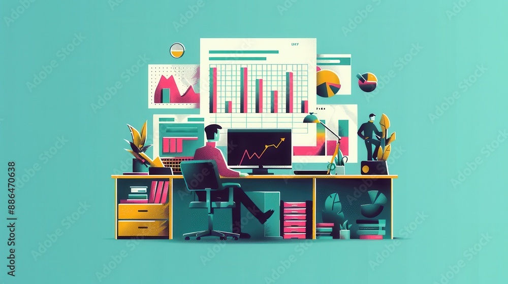 Poster a businessman working at his desk, analyzing data and charts on multiple computer screens.