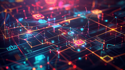 Digital media icons interconnected with glowing lines, futuristic and high-tech design