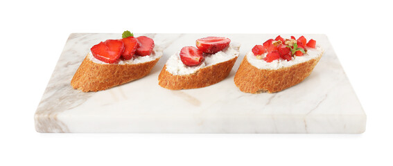 Delicious ricotta bruschettas with strawberry, mint and walnut isolated on white