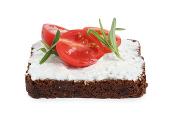 Delicious ricotta bruschetta with cherry tomatoes and rosemary isolated on white