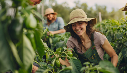 Obraz premium Female farmer picking ripe fresh green pepper with co-workers on plantation