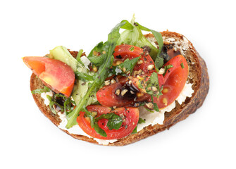 Delicious bruschetta with ricotta cheese, tomatoes and arugula isolated on white, top view