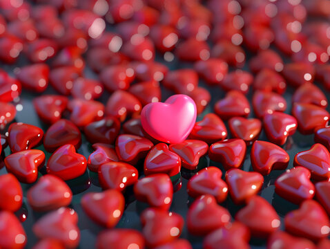 a pink heart in a group of red hearts