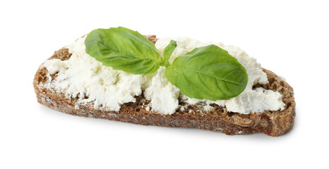 Delicious bruschetta with ricotta cheese and basil isolated on white