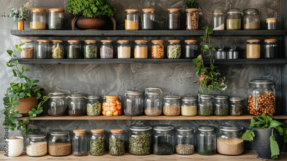 Wall mural healthy kitchen decor, modern kitchen adorned with jars of matcha, spirulina, and chia seeds, promoting their incorporation into daily diet for optimal health