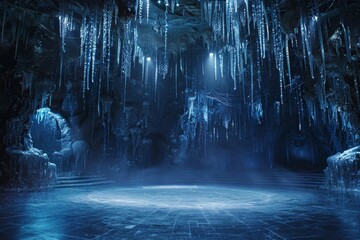 An empty stage in an enchanted ice palace, with a crystalline ice floor, shimmering icicles hanging from the ceiling, and a cool blue glow. 