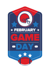 Game Day. American football playoff. Super Party in United States. Final game of regular season. Professional team championship. Ball for american football. Sport poster. Vector illustration