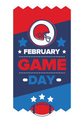 Game Day. American football playoff. Super Party in United States. Final game of regular season. Professional team championship. Ball for american football. Sport poster. Vector illustration