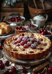 Clafoutis A cherry Clafoutis with a golden, custard-like texture. Served in a rustic baking dish with a dusting of powdered sugar. 