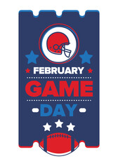 Game Day. American football playoff. Super Party in United States. Final game of regular season. Professional team championship. Ball for american football. Sport poster. Vector illustration