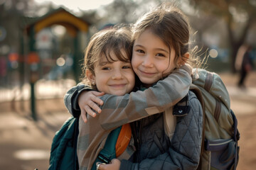 Fototapeta premium Two schoolgirls happily hugging on a playground, showing their strong friendship. Smiling and playful, they bond in the autumn sunlight, capturing childhood joy and togetherness
