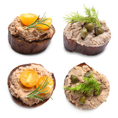 Different canapes isolated on white, top and side views
