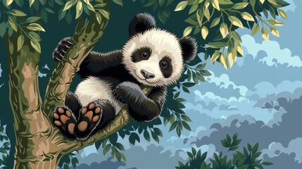 Fototapeta premium Illustration of a cute panda hanging on a tree branch with blue sky and clouds in the background