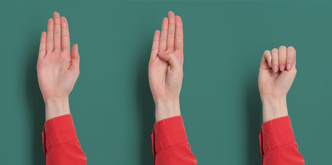 Signal for help. Woman gesturing on teal background, collage