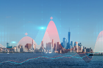 Skyscrapers Cityscape Downtown View, New York Skyline Buildings. Beautiful Real Estate. Day time. Forex Financial graph and chart hologram. Business education concept.