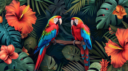 Fototapeta premium Exotic Tropical Aesthetic: Pattern with Macaws and Flowers