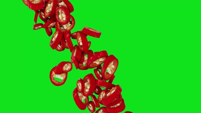 red chilli slices isolated green screen