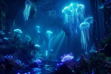 Obraz premium Bioluminescent Jellyfish in a Mystical Underwater Cave.