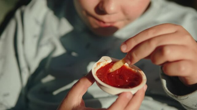 Caucasian child dips french fries in ketchup closeup and takes bite. Boy adds tomato sauce to fast food while snacking at sunset picnic. Popular crispy slice of potato in kid hand.