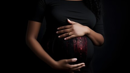 Pregnant Woman Hands On Stomach Holding Her Belly On Black Background