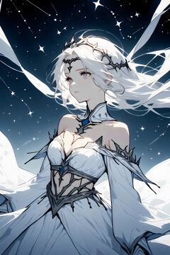 anime girl with long hair and a blue dress with a moon in the background