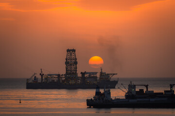 Boats anchored in the bay of Las Palmas de Gran Canaria at dawn. Canary islands. Spain