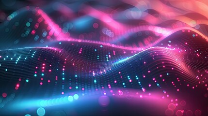 Abstract digital wave of glowing dots in vibrant neon colors, representing technology, data, and futuristic visualization.