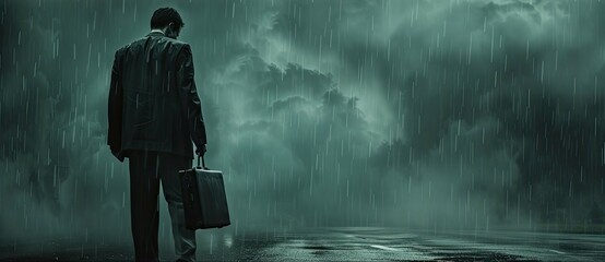 A businessman standing in the rain with a briefcase, depicting stress and challenges faced in the business world.
