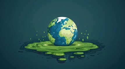 Fototapeta premium Cartoon illustration of Earth melting into green liquid, symbolizing climate change and environmental issues.