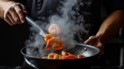A chef is cooking shrimp in a pan with steam rising from it. The steam and the shrimp give the image a sense of warmth and comfort, as if the viewer is watching a home-cooked meal being prepared